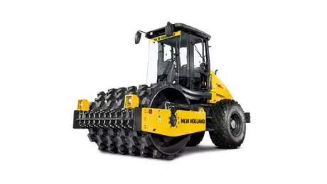 foto de estúdio com o rolo compactador V110D ou PD da New Holland destacando sua lateral.    