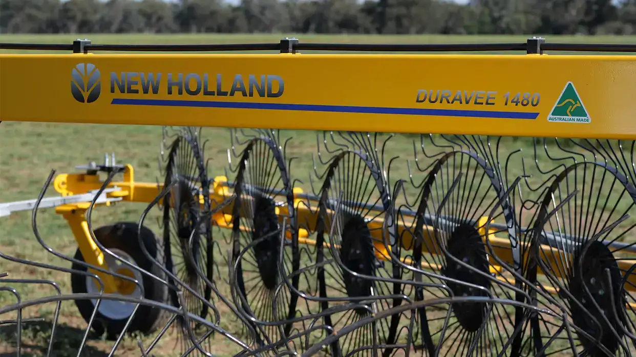 New Holland DuraVee trailing rake in field in Australia