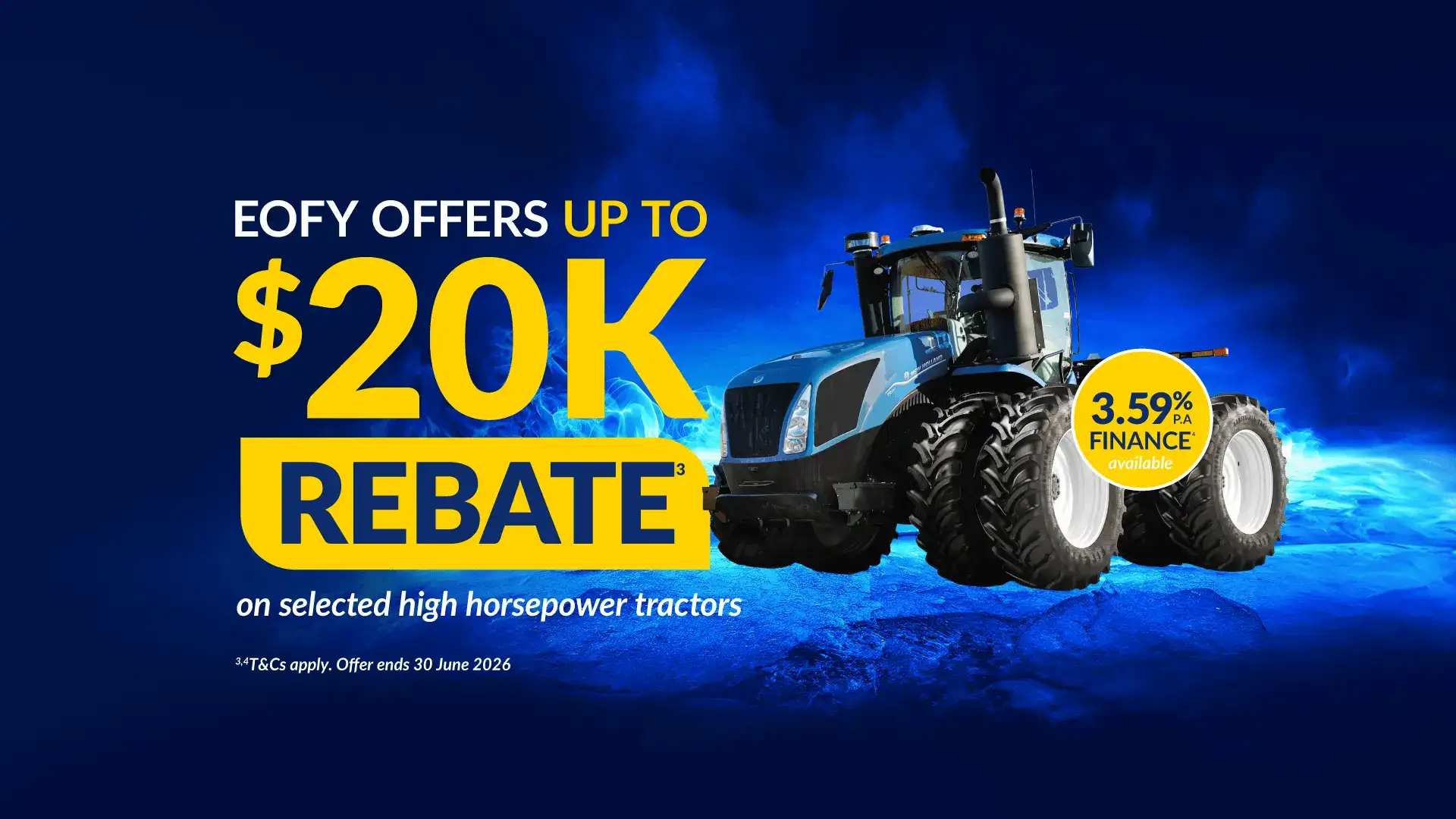 New Holland EOFY high horsepower banner, featuring rebate offer