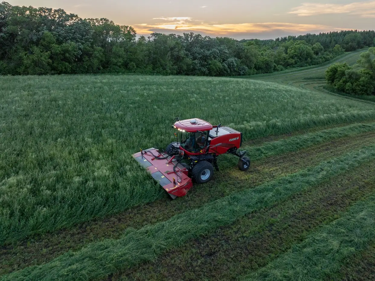 Case IH tractor with a front mower cuts a green field at sunset, leaving neat rows beside a forested hillside in a peaceful rural landscape.