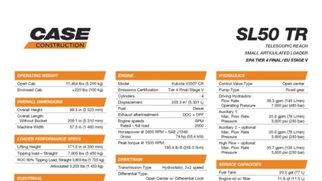 SL50 TR Small Articulated Loader Specifications 