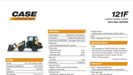 121F Compact Wheel Loader Specifications