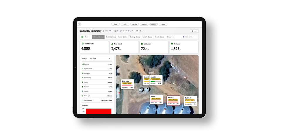 CropScan screenshots for harvest performance for Case IH machinery