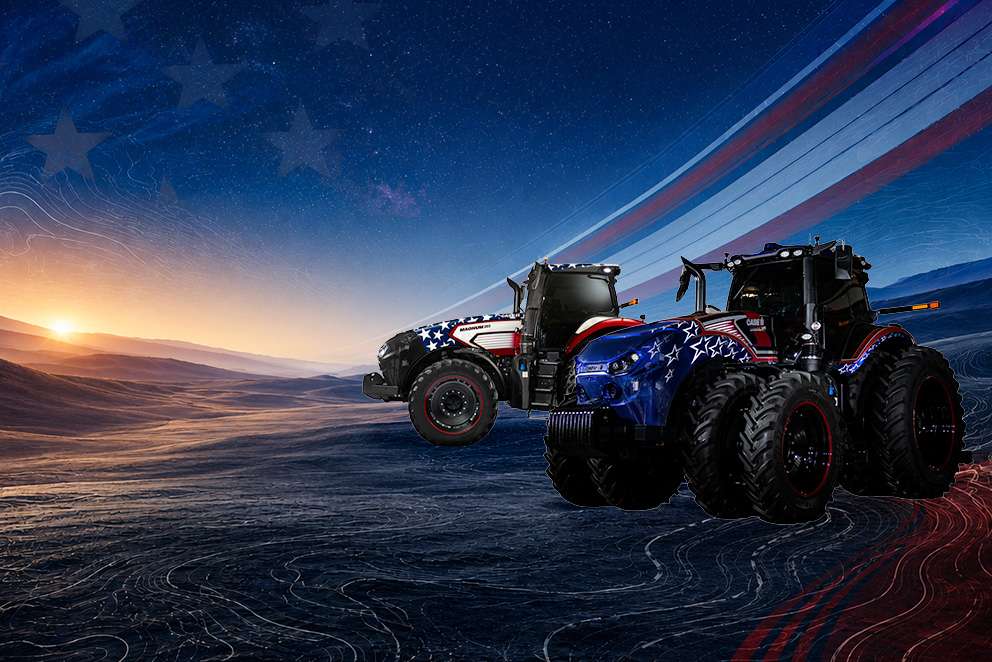Two Case IH tractors painted with American flag designs on a rugged landscape under a starry sky with sunset hues.