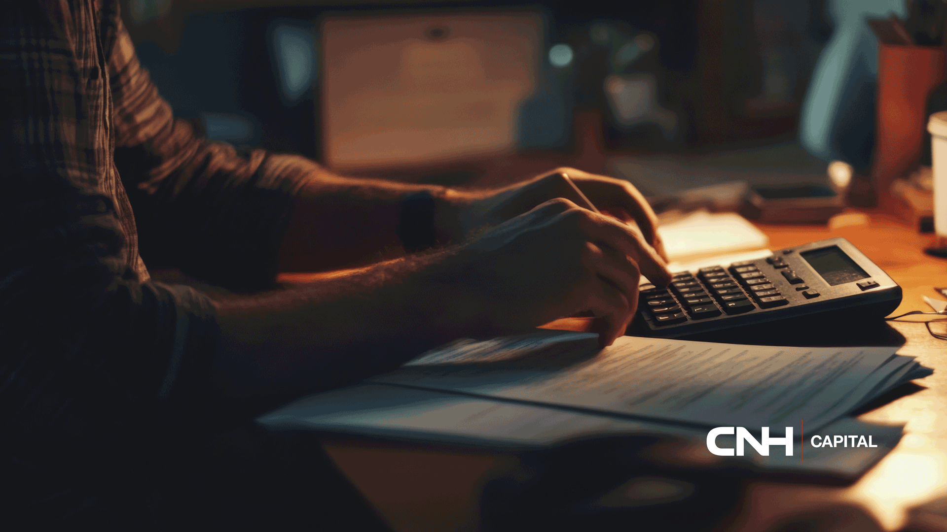 In a dim, warm-lit office, a person uses a calculator over financial papers, suggesting focused accounting work; the CNH Capital logo is visible.
