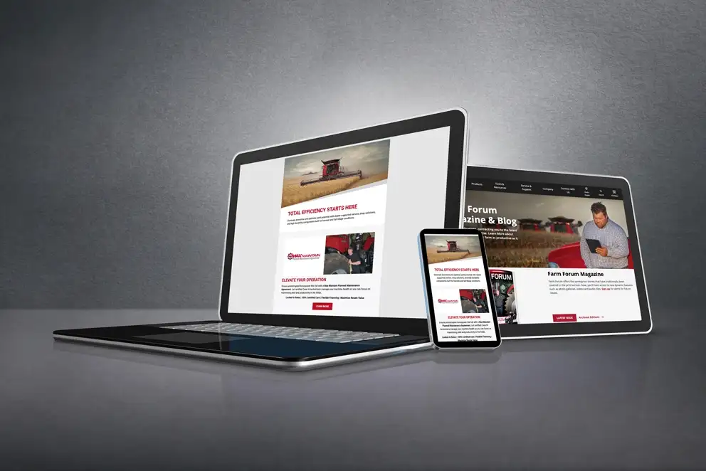 A laptop, tablet, and smartphone display the Case IH website, with articles and magazine content, showcasing a polished, responsive design.