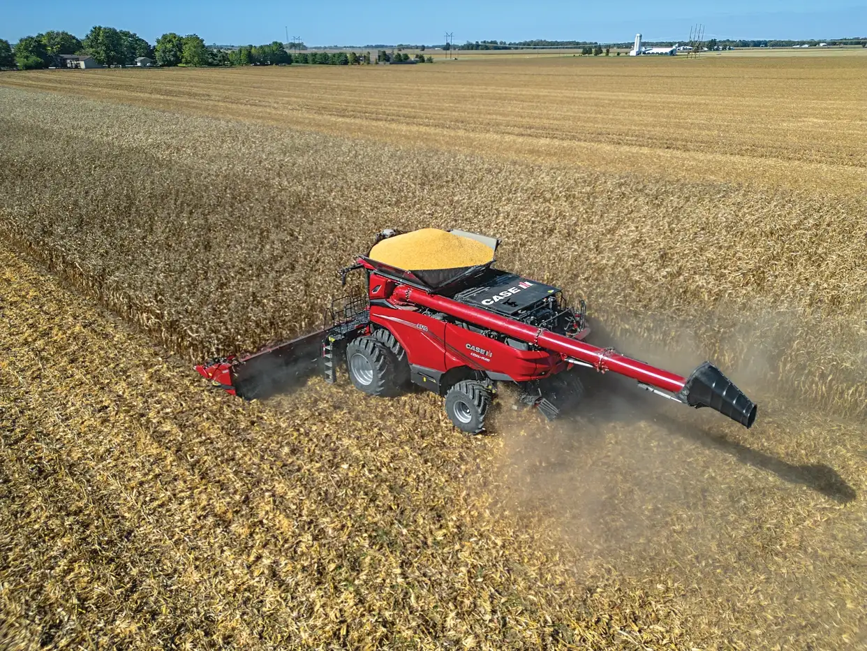 A red Case IH agricultural harvester cuts through a field with remnants of harvested crops, surrounded by trees and buildings under a blue sky.
