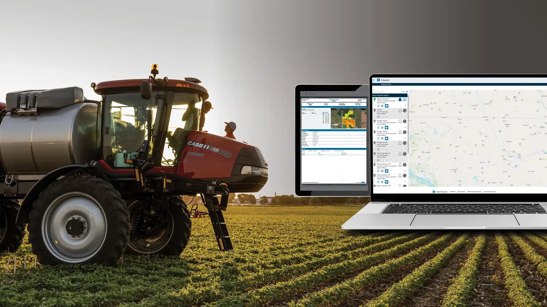A Case IH tractor works in a green field at sunset. Overlayed, a laptop and tablet display farming software with Slingshot maps and data.