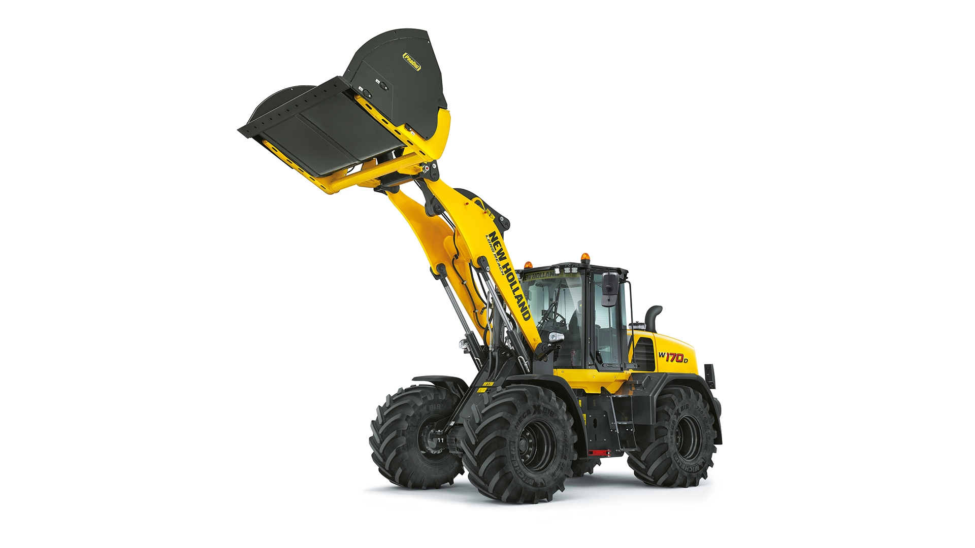 The New Holland W170D wheel loader is equipped with a high lift grain bucket attachment.
