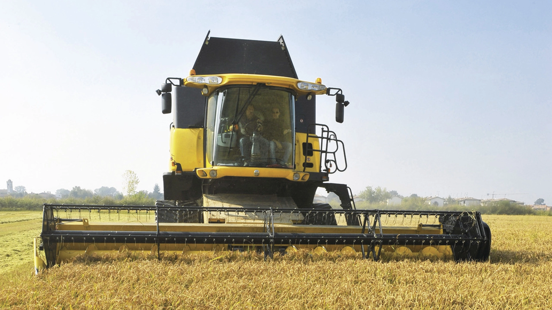 New Holland combines in action, efficiently harvesting crops with Varifeed Grain Header