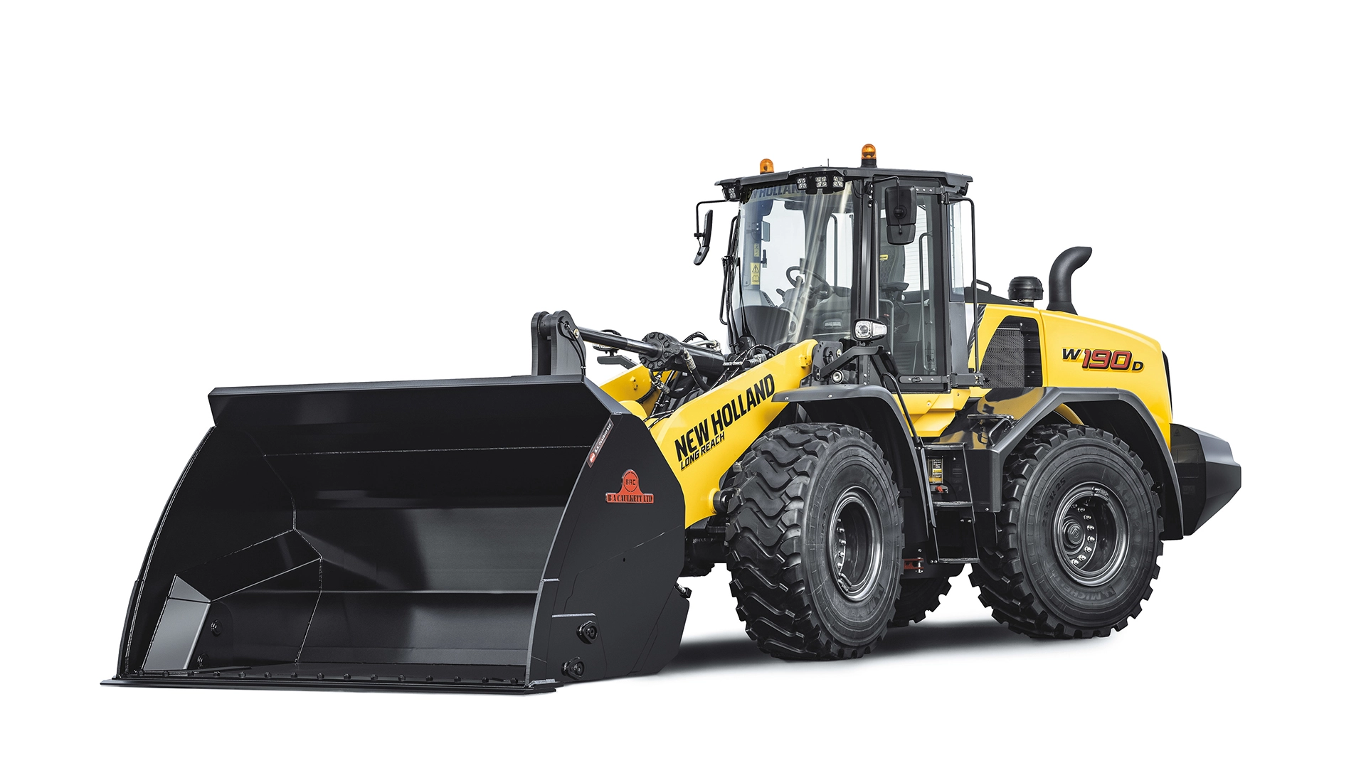 New Holland W190D wheel loader with a large black bucket, highlighted against a white background, symbolizing robust construction and heavy-duty material handling.
