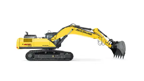 foto de estúdio com a escavadeira hidráulica E405C EVO da New Holland, destacando sua lateral.    