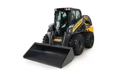 foto de estúdio com a minicarregadeira L325 da New Holland destacando sua frente e lateral. 