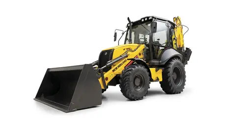  Studio photo of the New Holland B75D backhoe loader, highlighting its side view.