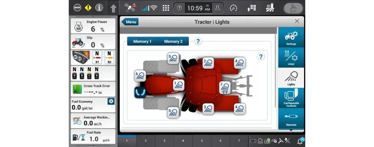 User interface of a Case IH Pro 1200 display, showcasing control of various tractor lights.