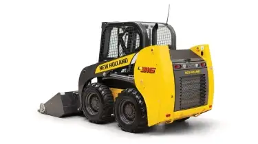 A yellow and black New Holland L316 skid steer loader on a white background.