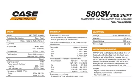 580SV Construction King™ Side Shift Backhoe Loader Specifications