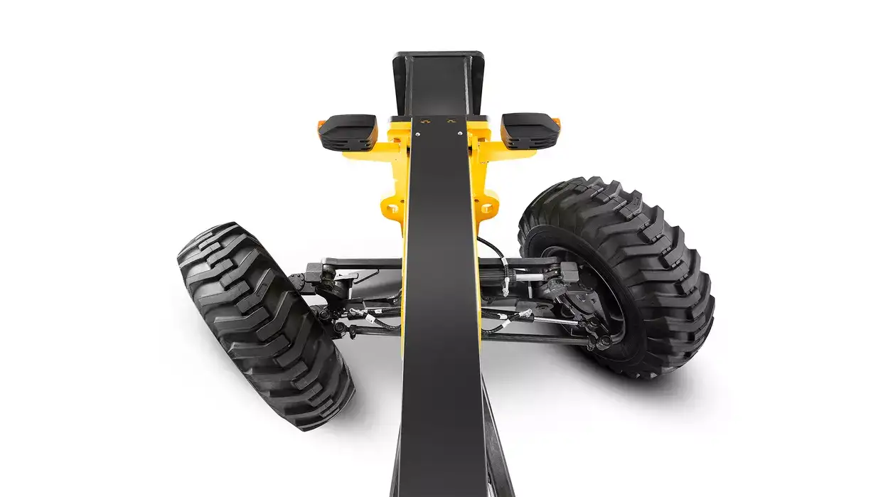 Visão superior do eixo com as rodas viradas para à esquerda na motoniveladora New Holland Construction