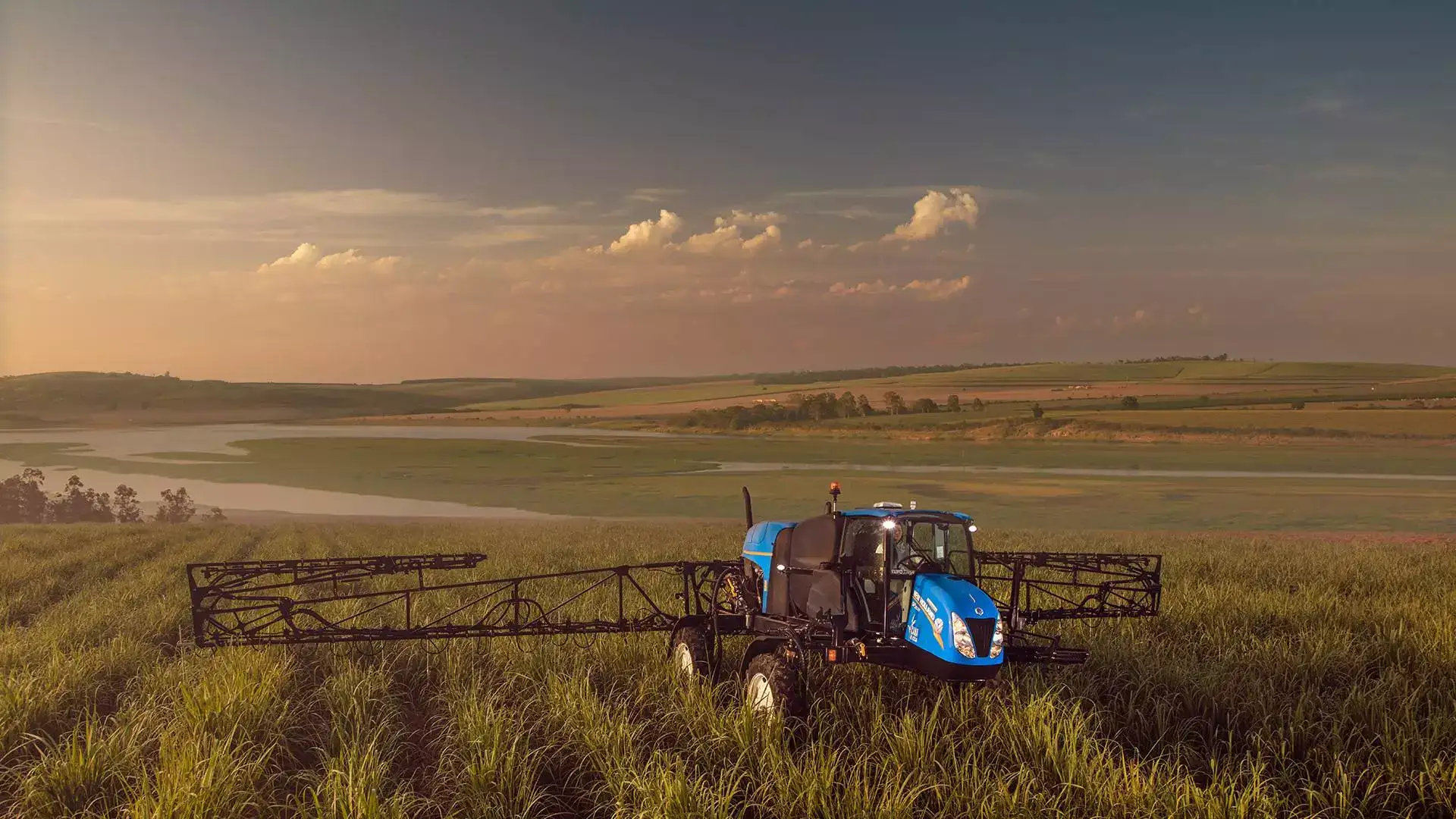 pulverizadores new holland modelo defensor 2500 cana de açúcar em campo com céu de fim de tarde ao fundo