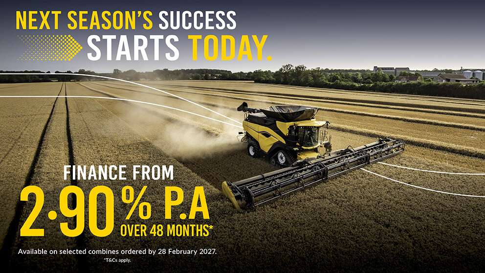 New Holland CR combine working in field with finance rate early order offer available for limited time only