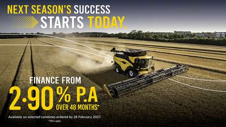 New Holland CR combine working in field with finance rate early order offer available for limited time only