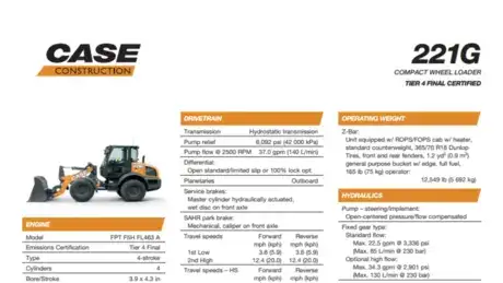 221G Compact Wheel Loader Specifications