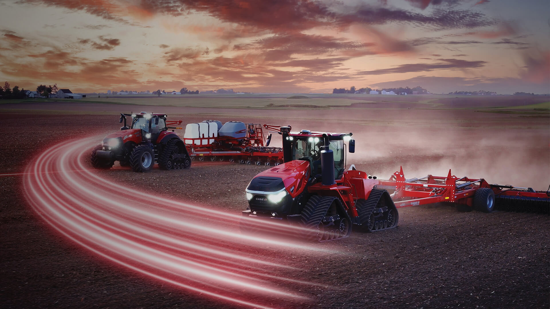 Steiger 645 and Magnum 405 tractor working in field with graphic overlay