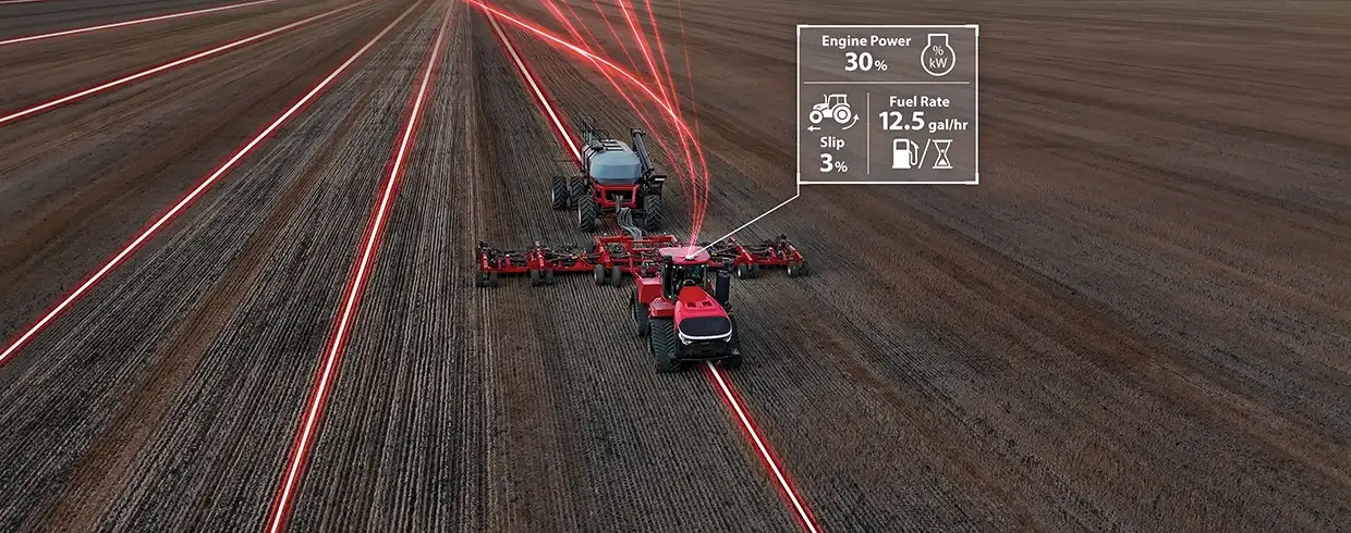 Aerial view of a Case IH tractor plowing a field with glowing red GPS guidance lines.