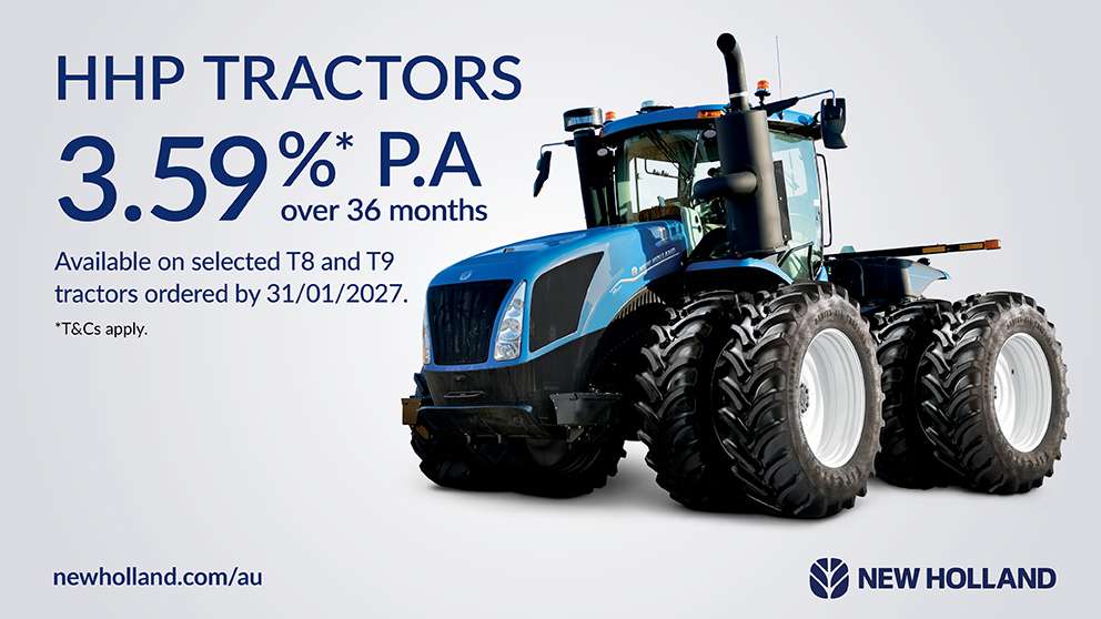 New Holland T9 Smartrax tractor studio shot with finance offer