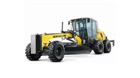 foto de estúdio da motoniveladora RG200.B EVO New Holland destacando a sua frente