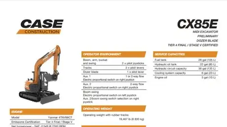 CX85E Midi Excavator Specifications