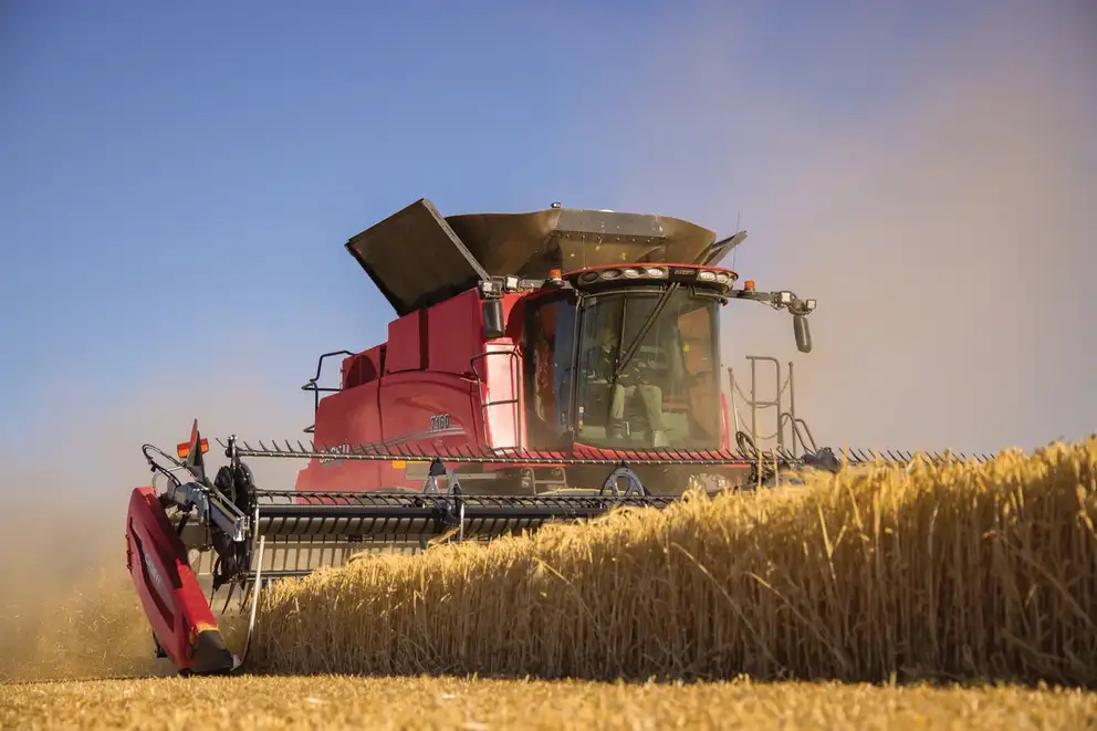 close-up of axial-flow 7160 harvesting wheat