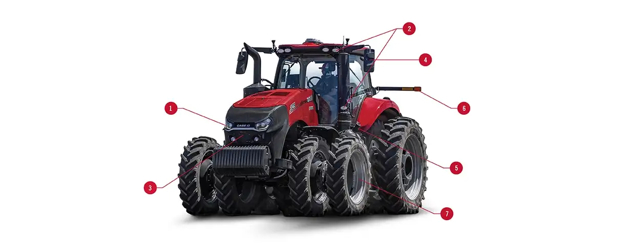 Exterior of Case IH Magnum tractor with dual large tires, seen from the front with labels pointing to various parts.