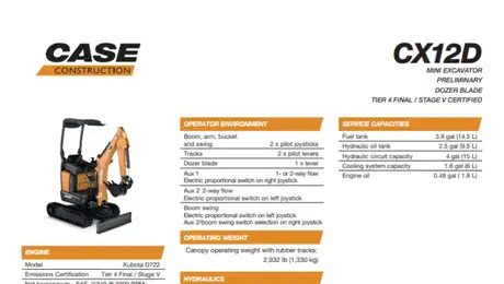 CX12D Mini Excavator Specifications