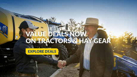New Holland your partner with Australian backdrop with tractor and hay products
