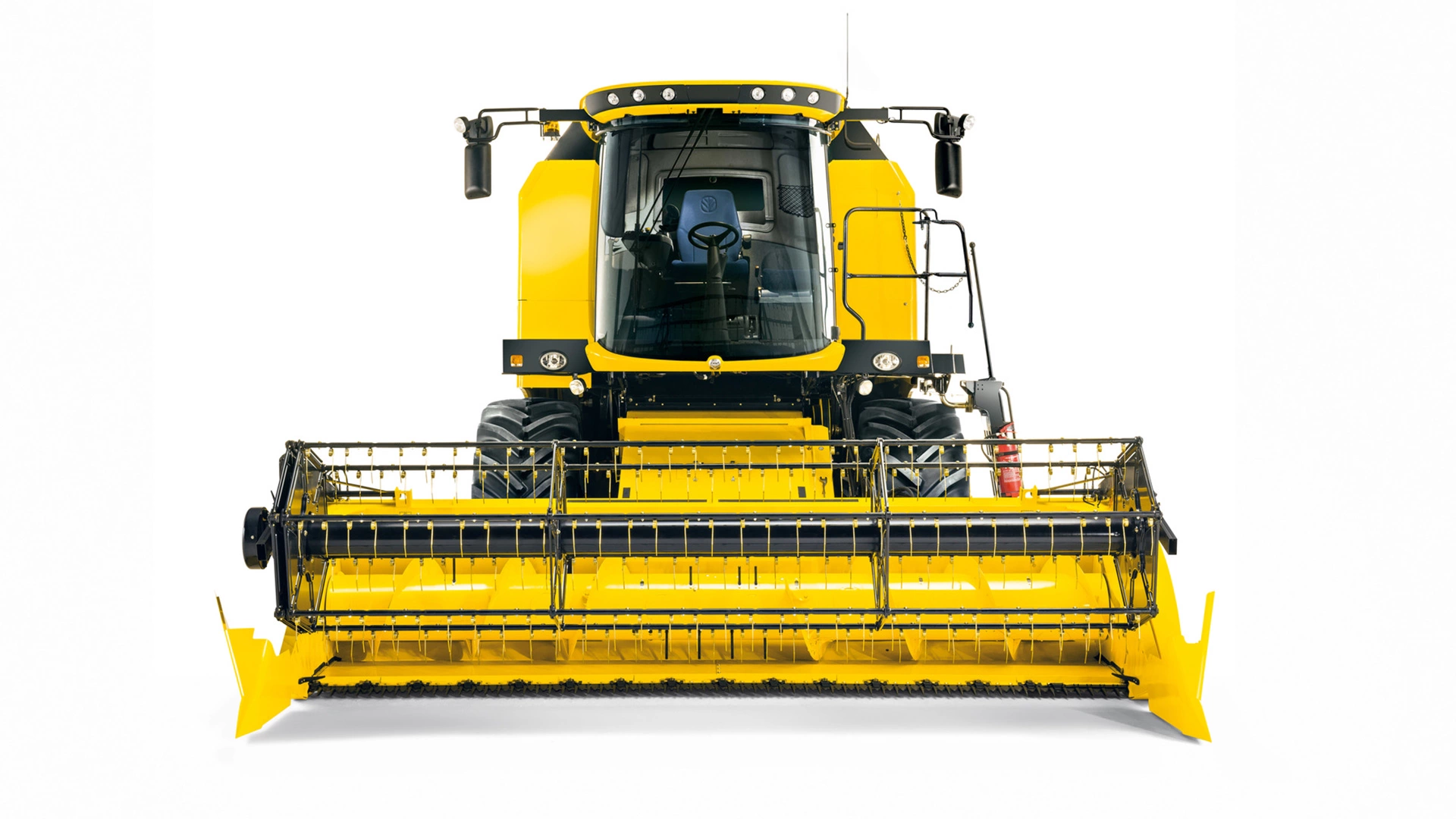 New Holland TC Combine Harvester, yellow, front view, modern design, efficient crop collection, white background.