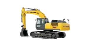 studio photo of the New Holland E385C EVO crawler excavator, highlighting its rear and side.