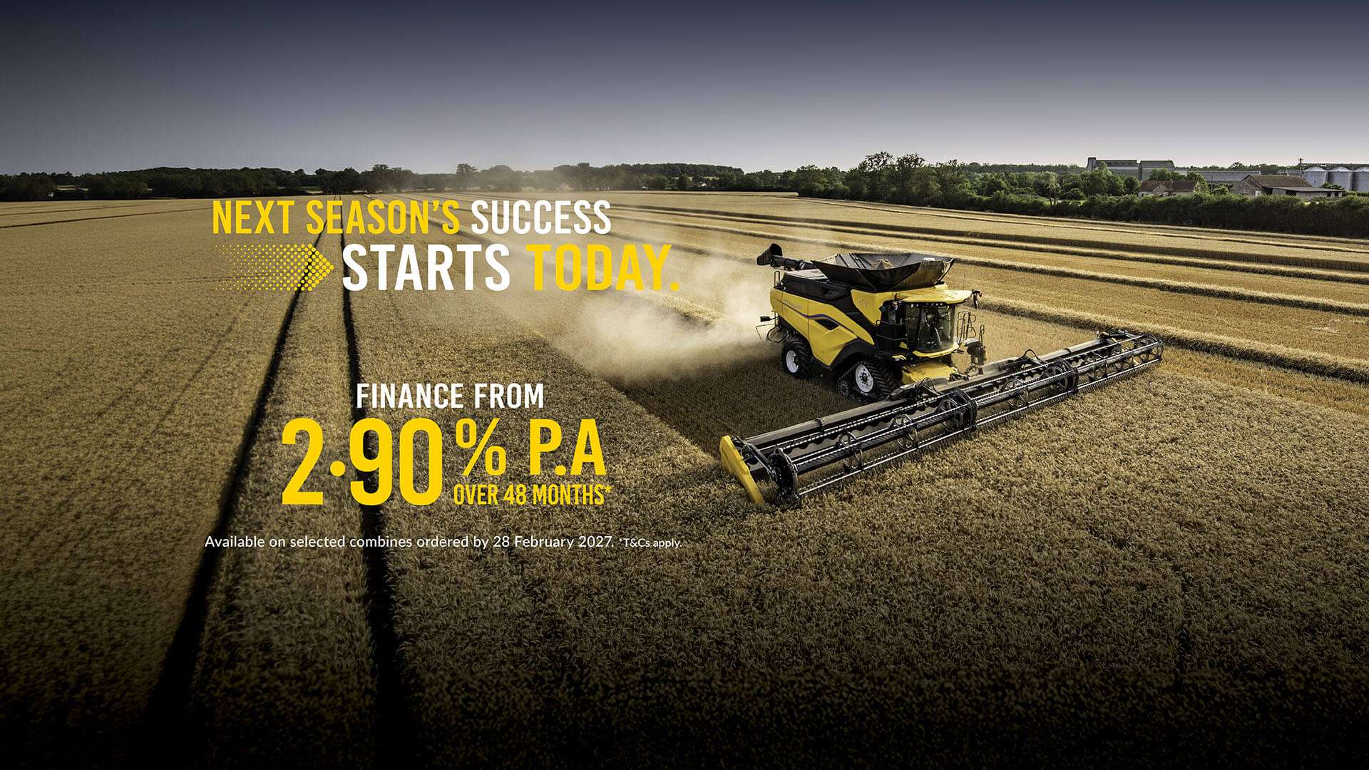 New Holland CR combine working in field with finance rate early order offer available for limited time only