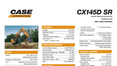 CX145D SR Dozer Blade Excavator Specifications
