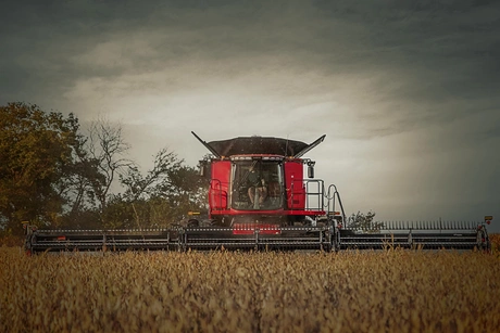 Front view of Axial-Flow 7260 in field with dark overlay