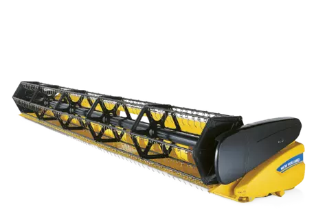 New Holland high capacity grain harvester header; sleek yellow design with detailed cutting blades, isolated view.