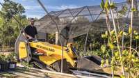 Mini track loader in between green houses.