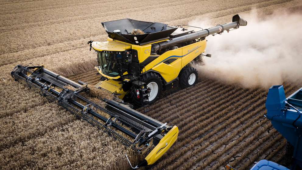 New Holland CR10 combine working in field in Dalby, Queensland