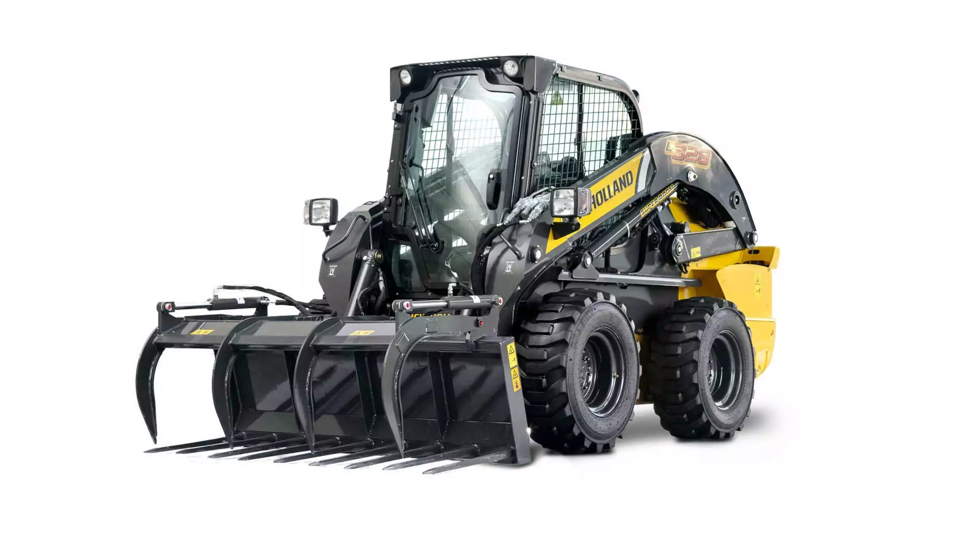 New Holland Skid Steer Loader, detailed view, with advanced grapple attachment, construction equipment.