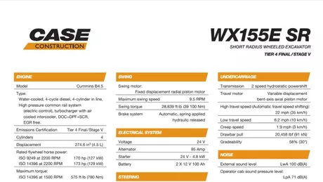 WX155E SR Wheeled Excavator Specifications
