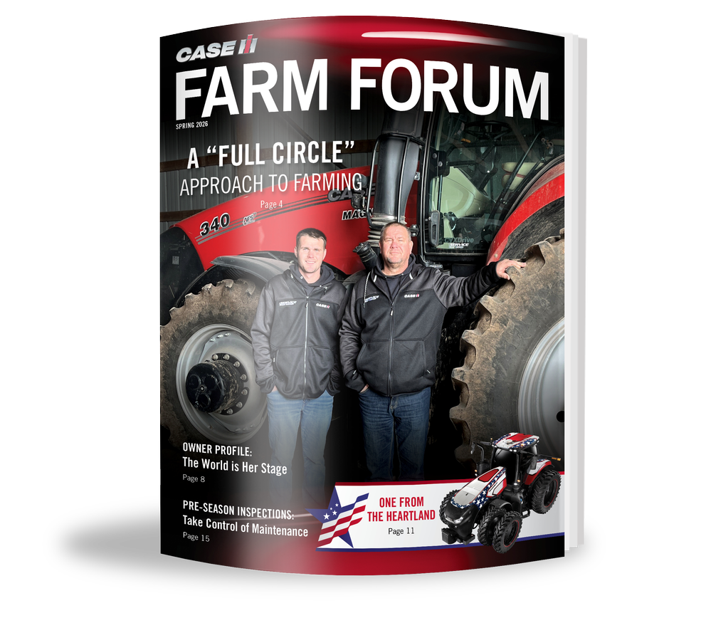 Cover of "Farm Forum". Two men stand in front of a large red tractor. Headline: “A 'Full Circle' Approach to Farming."