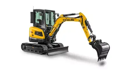 studio photo of the New Holland Construction mini excavator from the side, with a cabin.