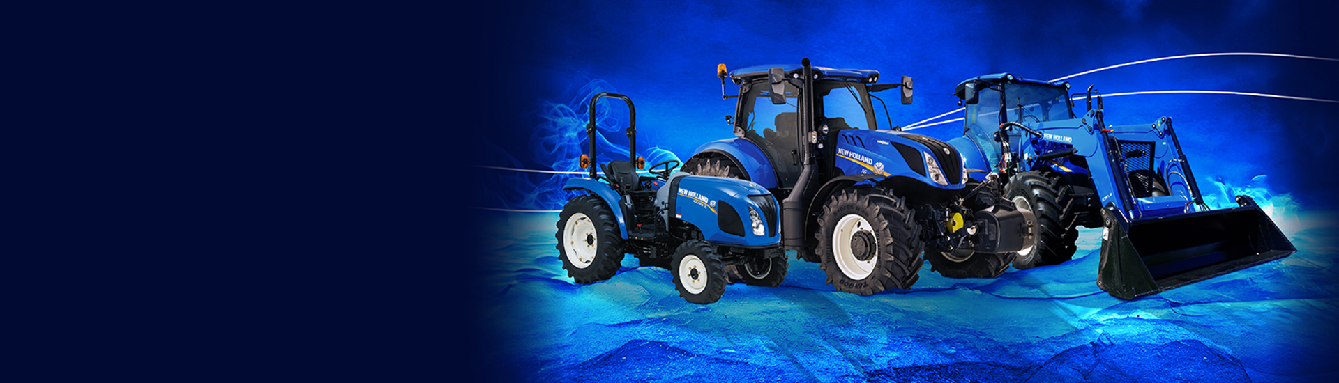 Blue New Holland tractors ranging from low to mid horsepower in line up