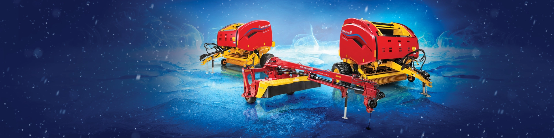New Holland hay equipment with blue background.