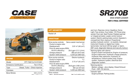 SR270B Skid Steer Loader Specifications